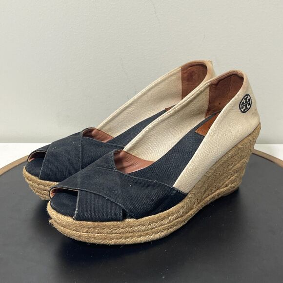 Tory Burch Espadrille Shoes Women 9‎ B Filipa Black Beige Canvas Peep Toe Wedge - Picture 4 of 12